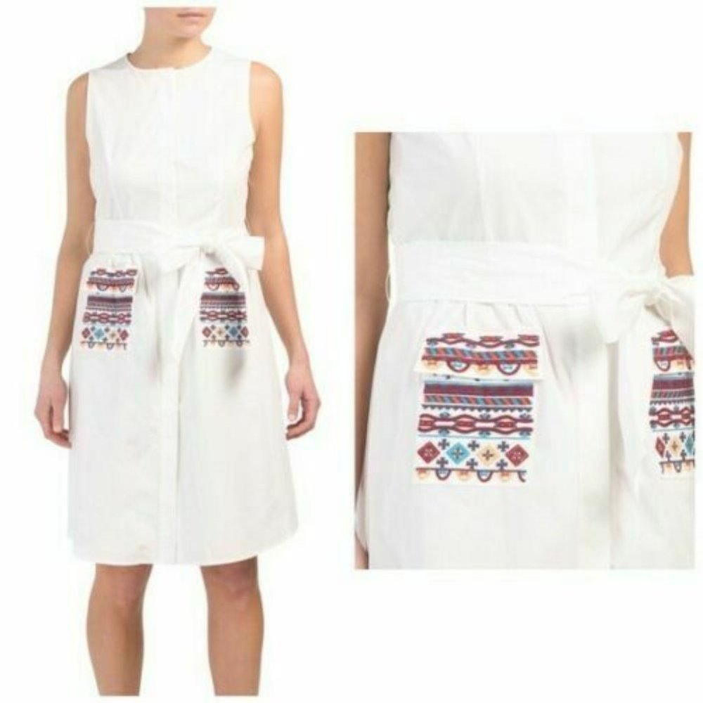 Tahari NWT SZ 2 White Shirt Dress Embroidered Pockets Coastal Chic $129